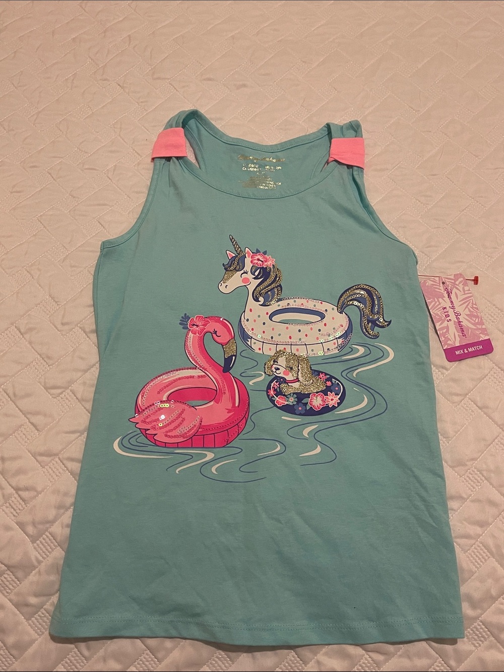 Tommy Bahama Girls Mint Tank with Pink Flamingo & Unicorn Float Graphics